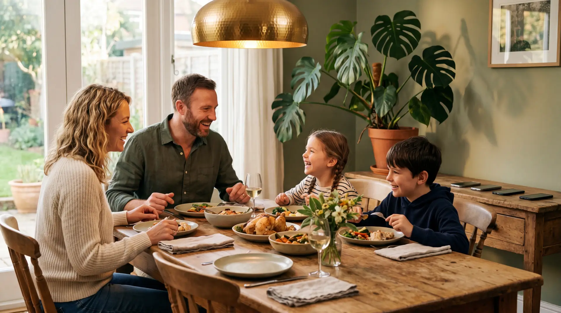 A family of four eating dinner together, phones face-down on a side console.