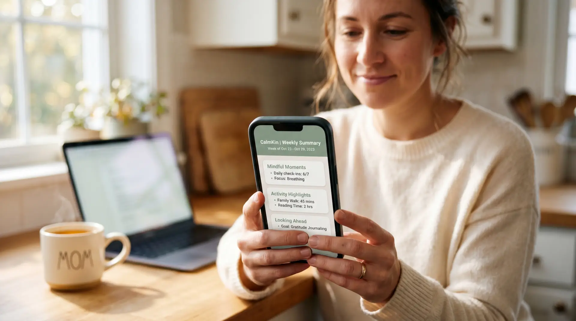 A parent reading the calm CalmKin weekly summary on a phone.